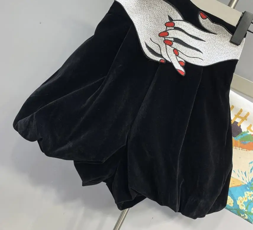 Дизайнерские женские вельветовые шаровары с высокой талией и вышивкой