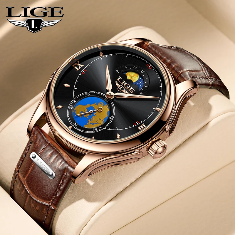 

2022 LIGE New Fashion Mens Watches Top Brand Luxury Moon Phase Men Quartz Wristwatches Male Clock Leather Waterproof Sport Watch