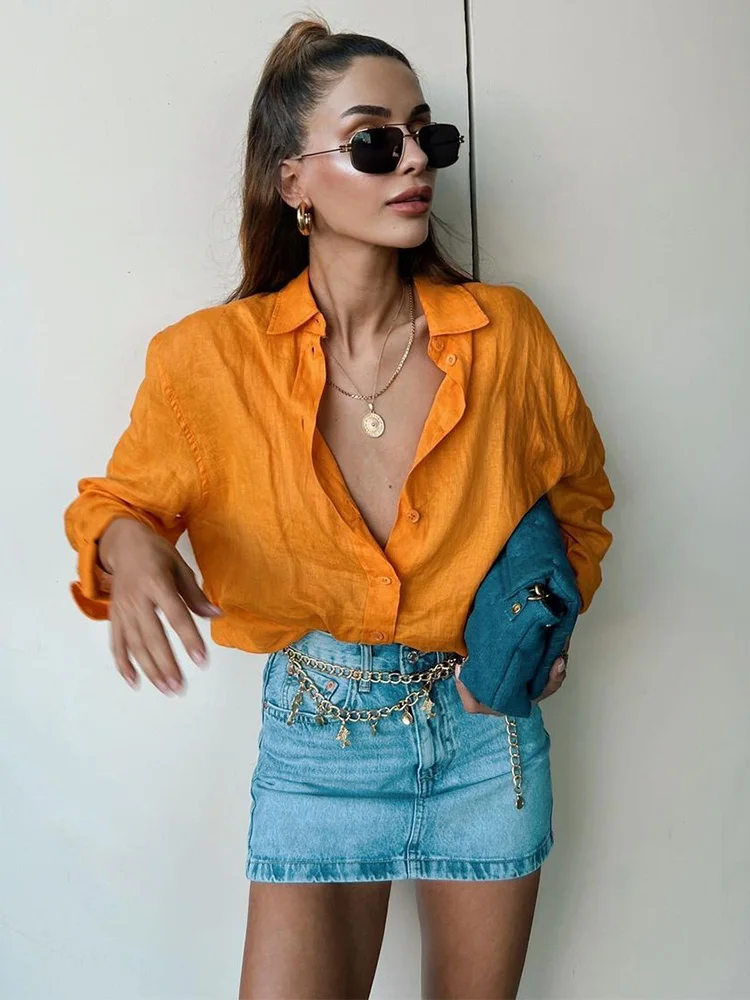 

Shirts For Women Clothing 2022 Long Sleeve Orange Faux Linen Shirt Turn Down Collar Button Up Solid Casual Long Oversized Shirt
