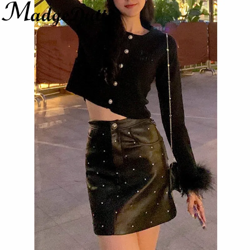 

Женский короткий кардиган MadgeDutti, однобортный вязаный кардиган с алмазными манжетами и страусиными перьями, 11,22