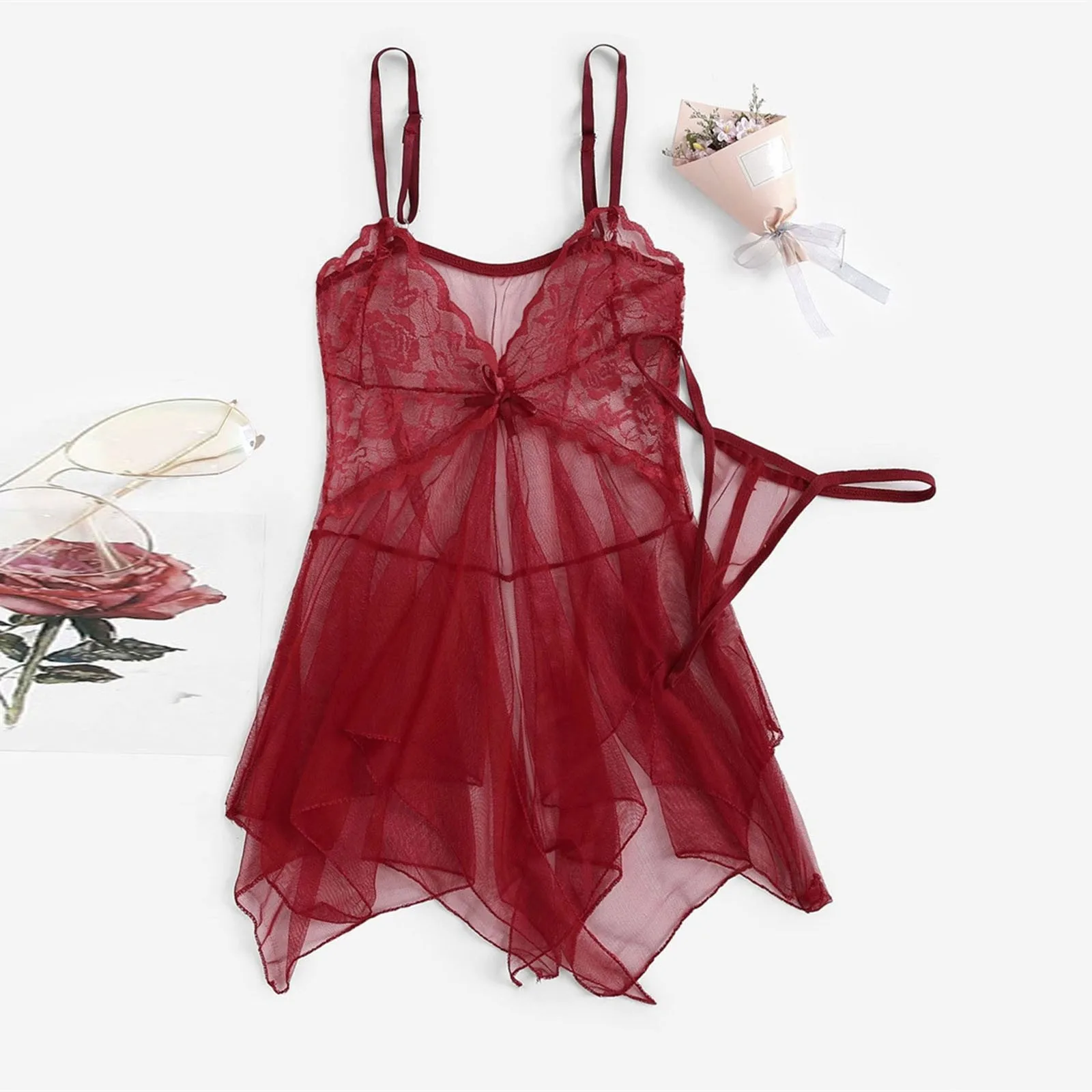 Женское нижнее белье кружевное платье Babydolls со стрингами открытый бюстгальтер