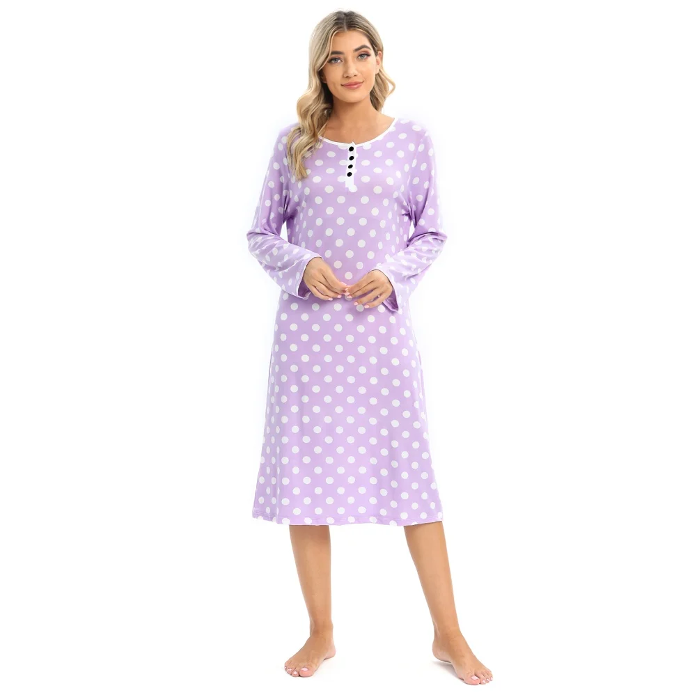 Autumn Women Polka Dot Pajamas Long Sleeves Trendy Dress Sleep Nightgown Winter Crewneck Print Sleepdress