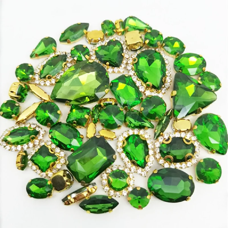

50pcs/Bag Shiny Mixed Grass green Shape Sew on Glass Rhinestone Gold Claw Crystal Buckle Diy Wedding Decoration Accessories