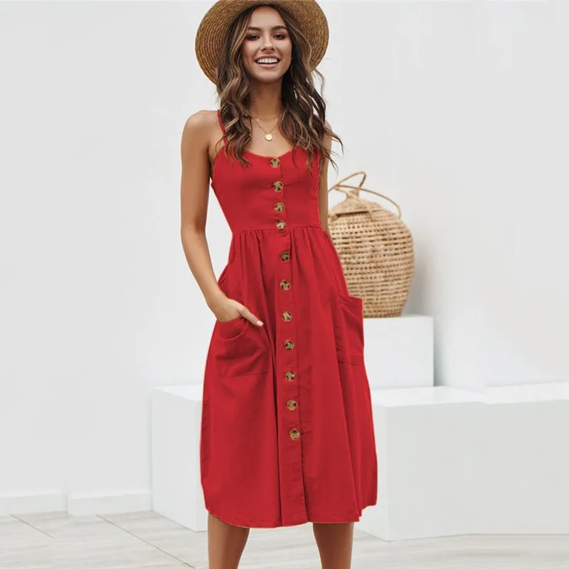 

Harajuku Casual Print Summer Beach Dress 2022 Sundress Sexy Spaghetti Strap V-Neck Button Women Midi Vestidos Red Robe Femme