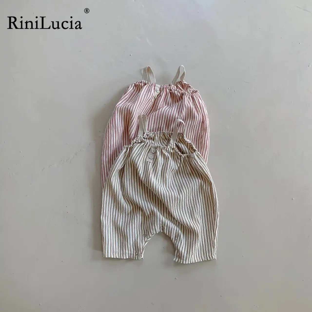 

RiniLucia 2023 Newborn Infant Baby Girls Rompers Baby Boys Playsuit Striped Jumpsuit Overalls Sleeveless Summer Infant Outifts