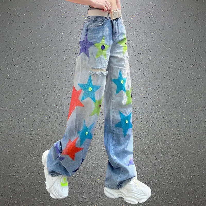 

Jeans female 2022 summer European goods heavy-duty hole wide leg trousers stars colorful print do old thin trousers tide XL