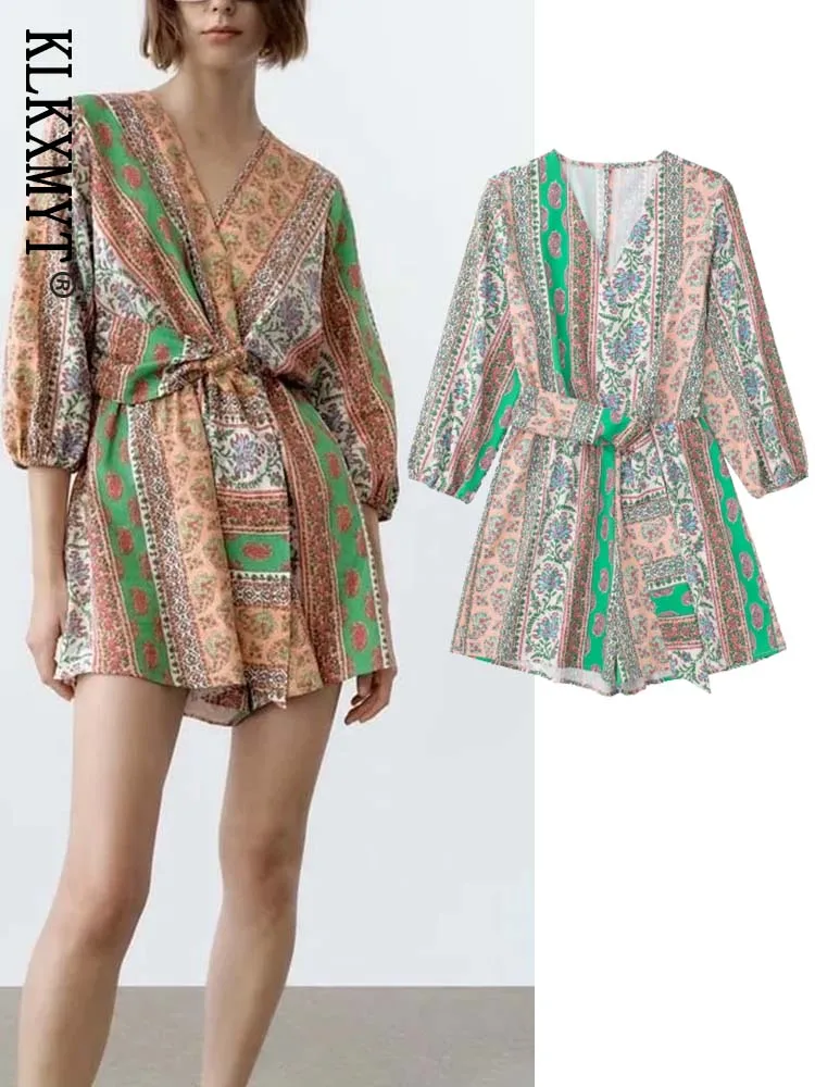 

Zar Women 2022 Traf Fashion With Tied Print Playsuits Vintage Three Quarter Sleeve With Belt Female Short Jumpsuits Mujer