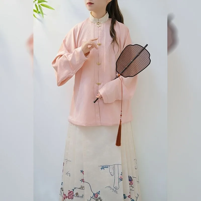 Китайское традиционное женское платье Hanfu розовый бамбуковый жаккардовый Топ