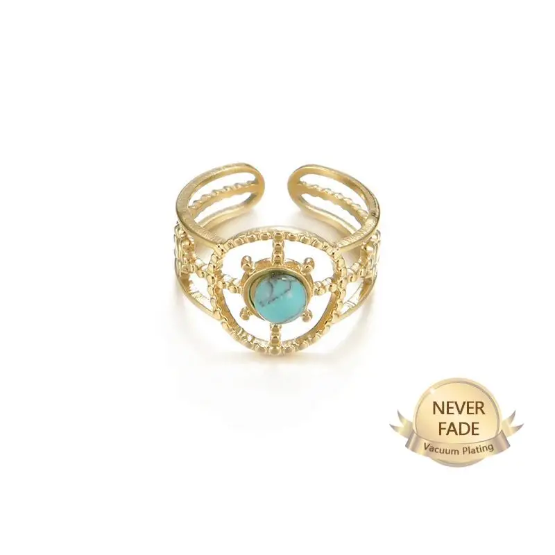 

French Retro Compass Blue Turquoise Stainless Steel Open Rings For Woman Luxury Three Line Index Finger Ring Fashion Jewelry
