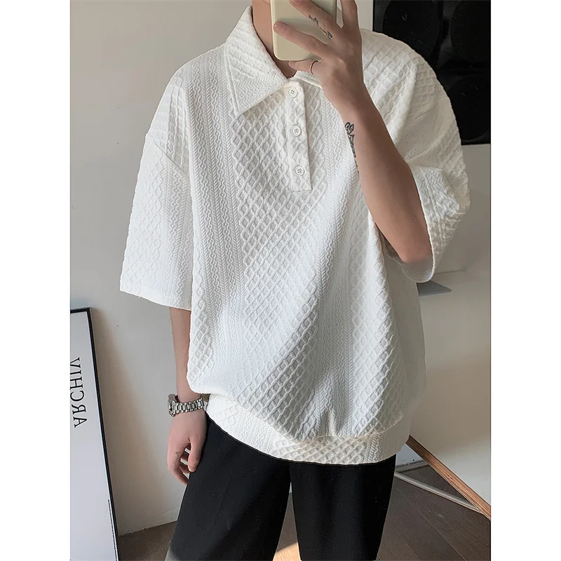 

Summer Cotton Short-sleeved T-shirt Men Fashion Oversized Tshirt Men Street Wear Korean Loose Lapel T Shirt Mens Polo Shirt