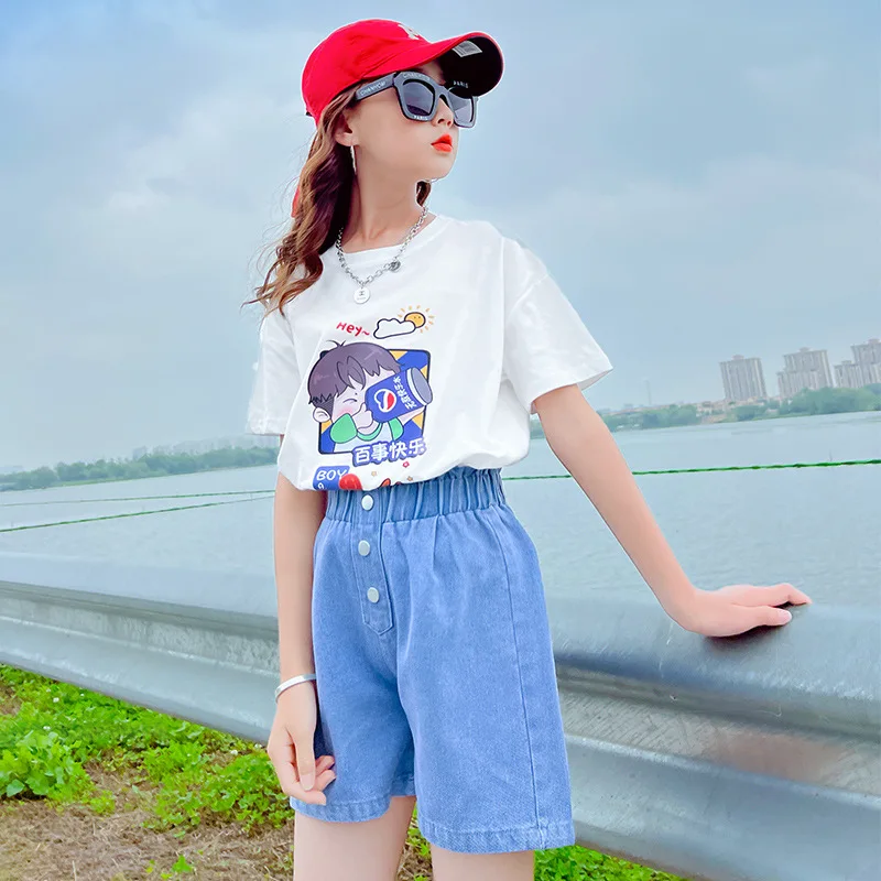

Girls Clothing Set T-Shirts + Denim Shorts 2pcs Cartoon Print Suits For Boys Outfits Summer Kids Sport Tracksuits 3-14 Years Old