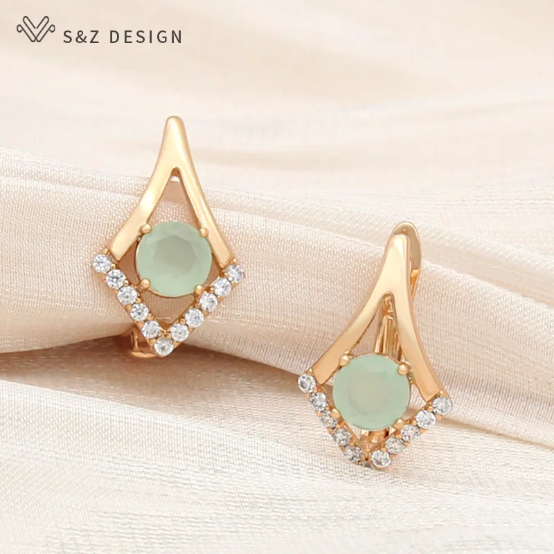 

S&Z DESIGN New Fashion Round Green Crystal Drop Earrings 585 Rose Gold Elegant Cubic Zirconia Eardrop For Women Wedding Jewelry