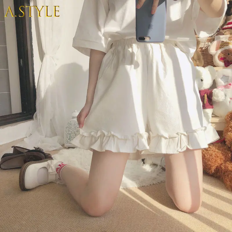 A GIRLS shorts women wide-leg ruffles loose sweet japanese style elastic high waist casual chic preppy girls cute all-match new