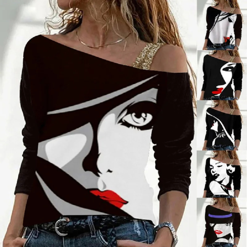Printed Face T-shirt Tops 2021 Autumn and Winter New Fashion Stitching Strapless Diagonal Collar Black Long-sleeved T-shirt Tops