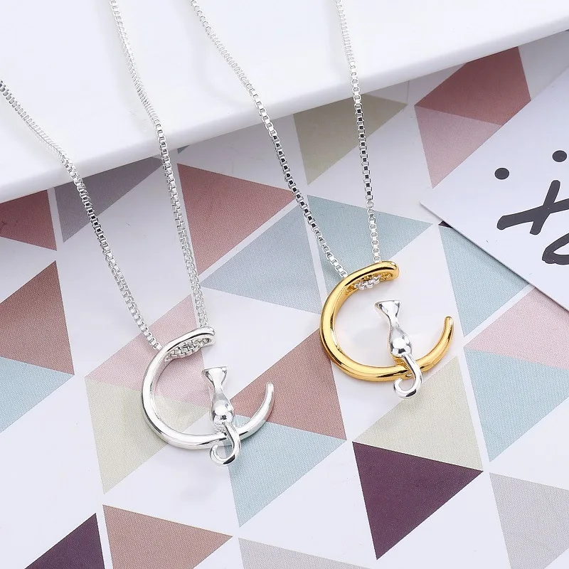 

Necklace for Women Kitten Cat Moon Pendant Necklaces Gold Silver Color Long Neck Chain Simple Style Jewelry Accessories Gifts