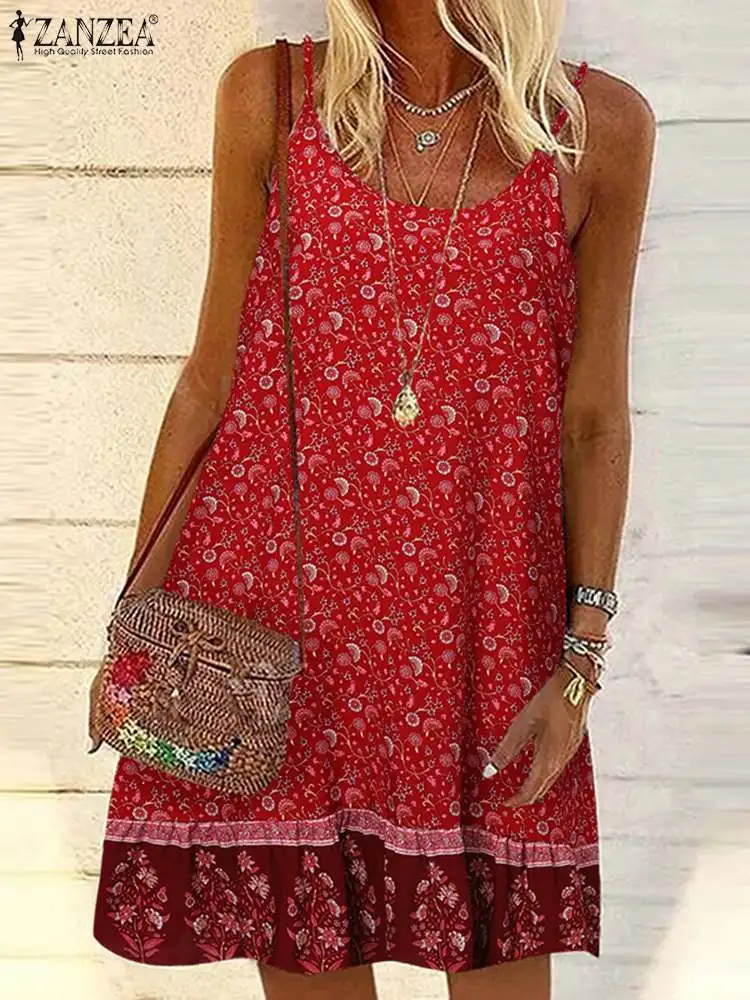 

Праздничный Повседневный Сарафан ZANZEA с оборками на подоле, трапециевидный халат 2023, летнее платье на бретелях-спагетти, женское мини-платье с цветочным принтом