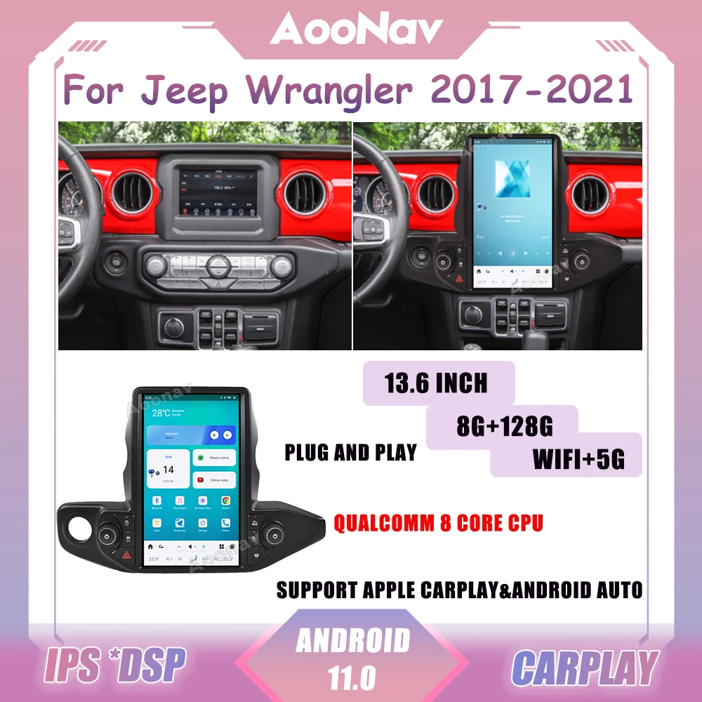 Autoradio Android da 13.6 pollici per Jeep Wrangler 2017-2021 Auto Stereo schermo in stile Tesla lettore multimediale unità principale di navigazione GPS