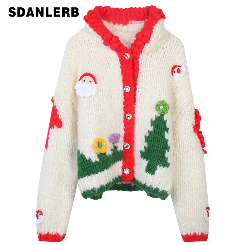 

Women's Hooded Knitted Coat 2021 Autumn Winter New Santa Claus Hook Flower Sweet Long Sleeve Loose Idle Style Cardigan Sweater