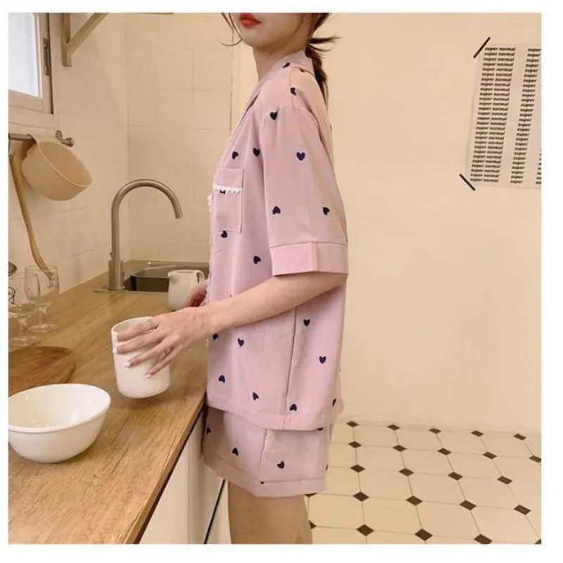QWEEK Pajamas for Women Home Clothes Pijamas Ladies Heart Print Nightie Lounge Wear Sexy Sleepwear Two Piece Set Pyjamas Summer