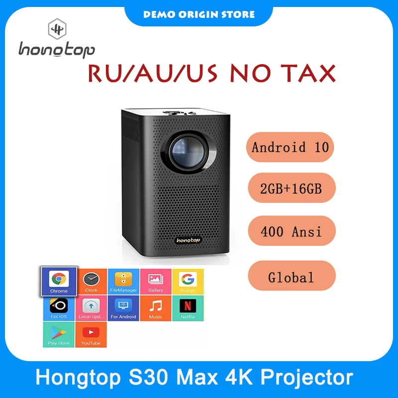 

HONGTOP S30 Max 400 Ansi Lumens Global Version 4K Mini Portable Projector Android 10 2GB+16GB Home Ciname Theater Beamer