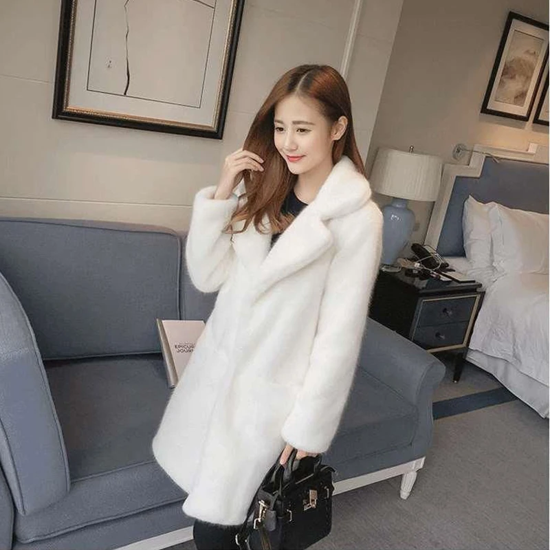 Mink Faux Fur Coat Women Solid Turn Down Collar Winter Jackets Female Thick Warm Fake Fur Lady Coat Casual Loose Long Outwear