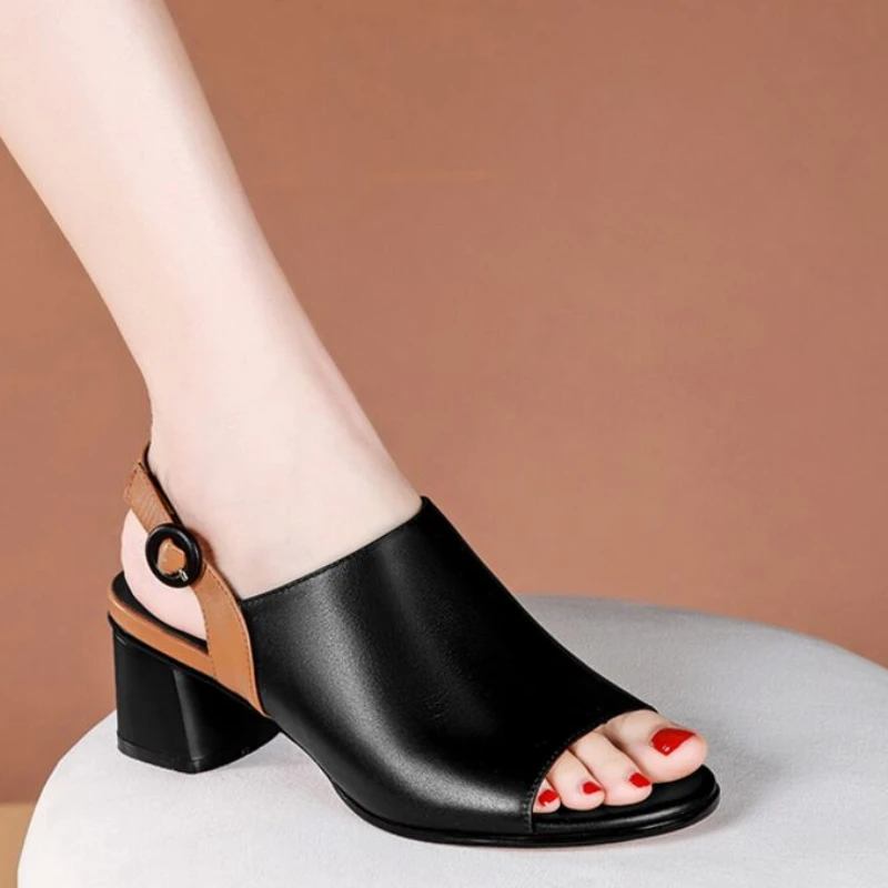 

Women Shoes Genuine Leather High Heels Open Toe Back Strap Black Write Office Ladies Fashion Plus Size Summer Party Shoes
