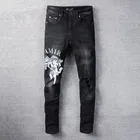 Джинсы мужские облегающие с принтом Ангел, мотоциклетные брюки скинни в стиле хип-хоп, уличная одежда, черные