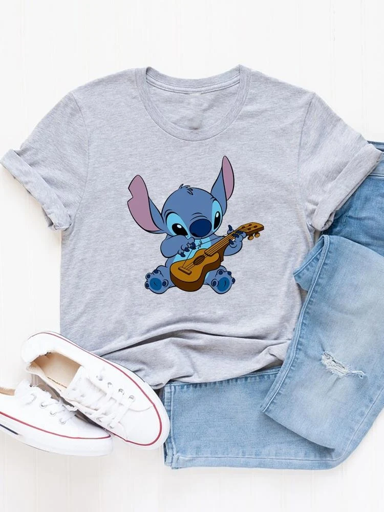 

Disney Music Trend Love 90s Women Cartoon Stitch Summer Tee Short Sleeve Shirt Graphic T-shirts Fashion Print Clothing