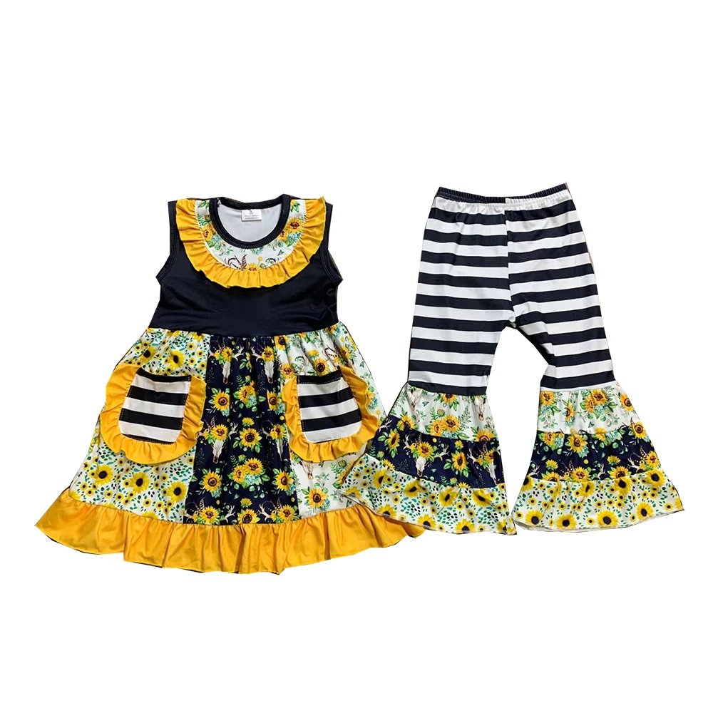 

Wholesale Kids Clothing SleeveLess Pocket Tunic Top Bull Sunflower Black White Stripes Bell Bottom Girls Sets