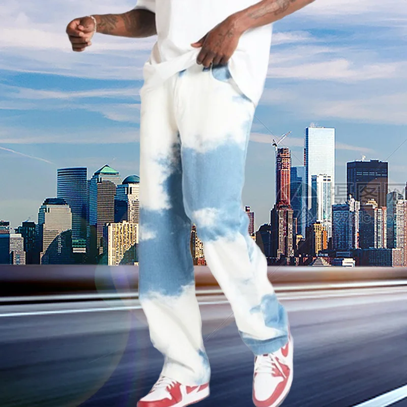 Loose Straight Jeans Men Tie Dye Print Sky Blue Denim Trouser High Quality Black Casual Pants Hip Hop Baggy Jeans Men