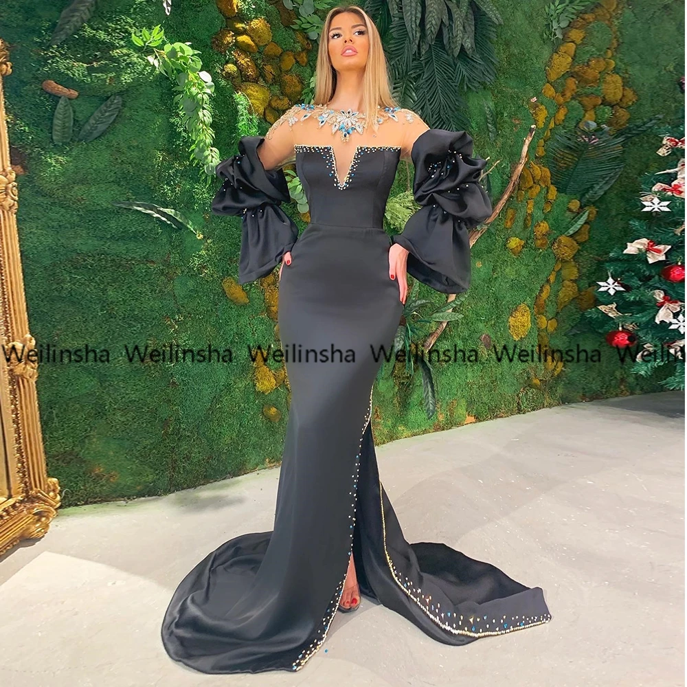 

Black Evening Dresses with Skin Nude V Neck Beading Prom Gowns 2023 Jersey Mermaid Court Train Women Dress Robes De Soirée New