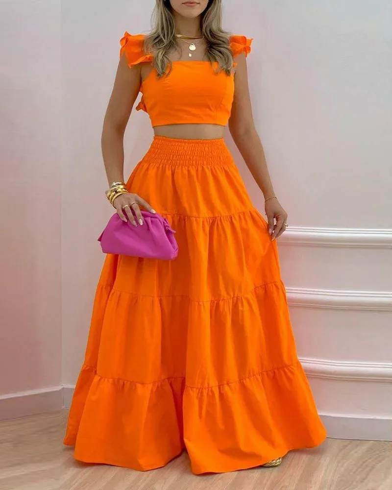 

Skirt Suit 2022 Summer Ruffled Suspenders Pleated Back Crop Top & Long Skirt Solid Color Two-piece Set Women