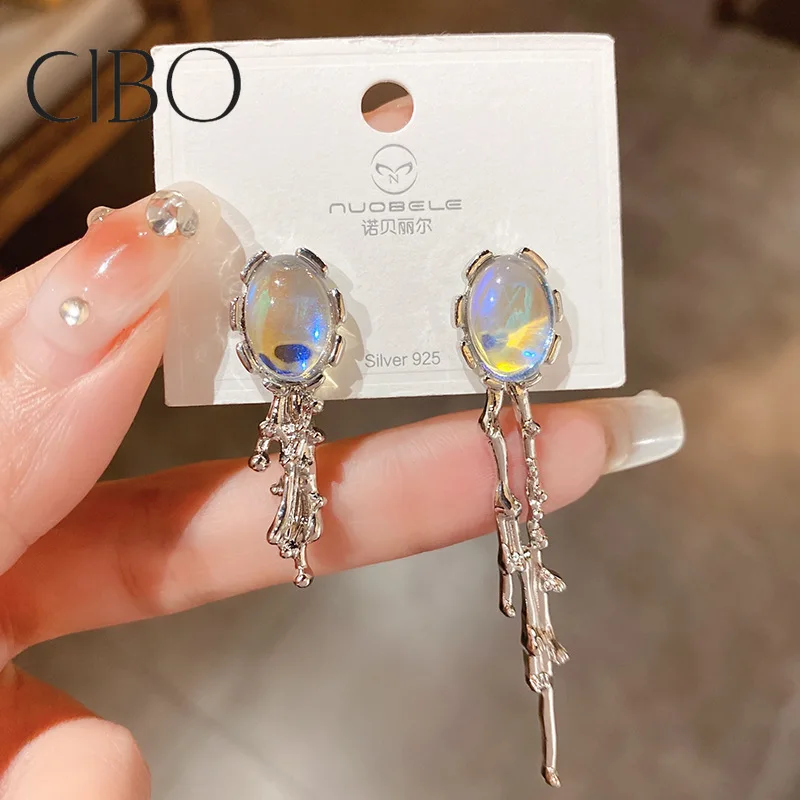 

Silver Needle Asymmetric Moonstone Oval Earrings Ins Wind Net Red New Temperament Earrings Fashion Personality Earrings Women