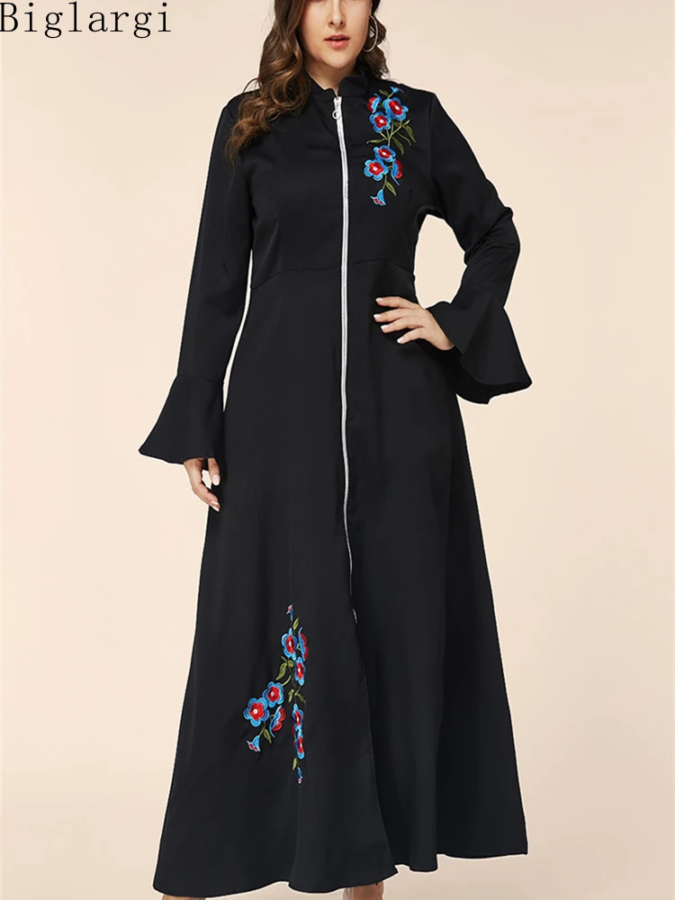 

Женское длинное платье с вышивкой, черное Повседневное платье на молнии с цветочной вышивкой, Осень-зима 2022