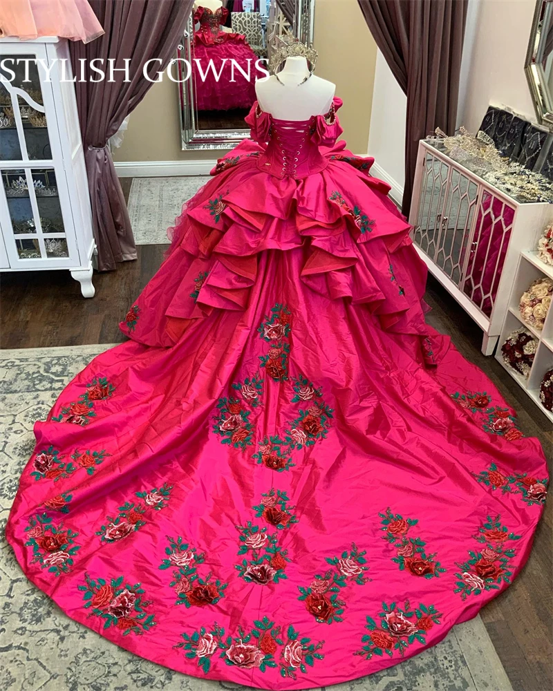 

Mexico Hot Pink Beaded Appliques Quinceanera Dresses Ruffles Ball Gown Tiered Prom Dress Sweet 16 Off The Shoulder Robe De Bal