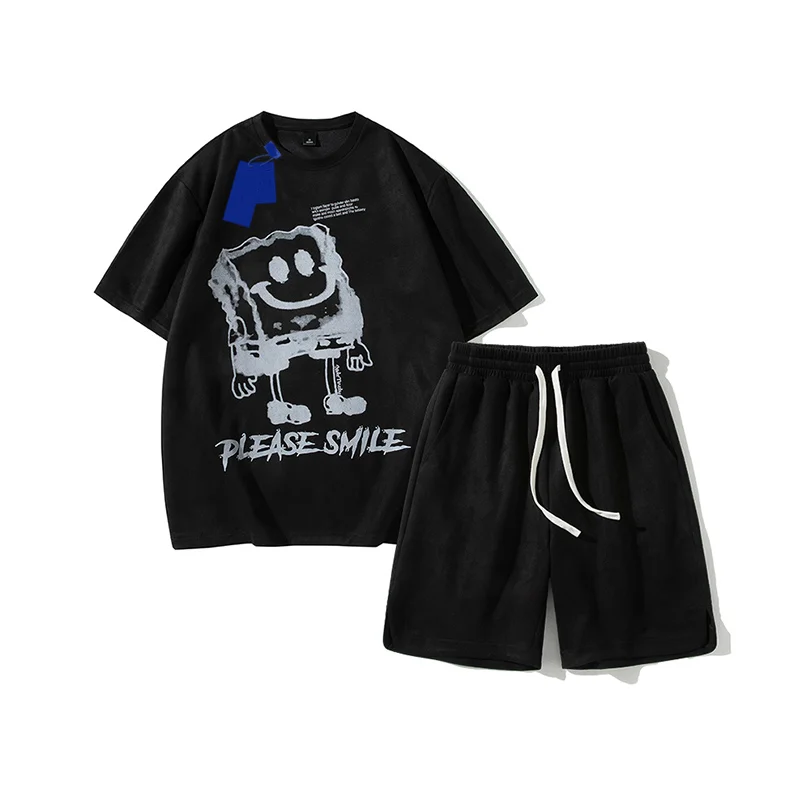 Hot Sale Short Sleeve T-Shirt Set Men's Trend Printing Casual Street Personality Loose Summer Fashion Oversized Cotton Suits