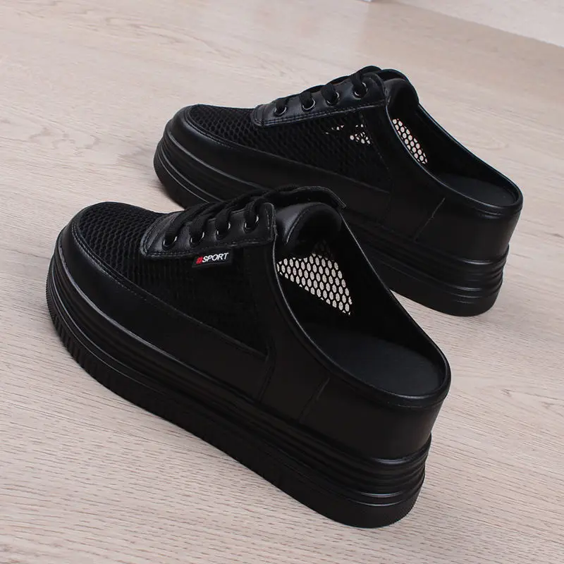 

Female Shoes Loafers Ladies' Slippers Med Platform Cover Toe Luxury Slides Increased Internal 2022 Flat Designer Summer Lace-Up