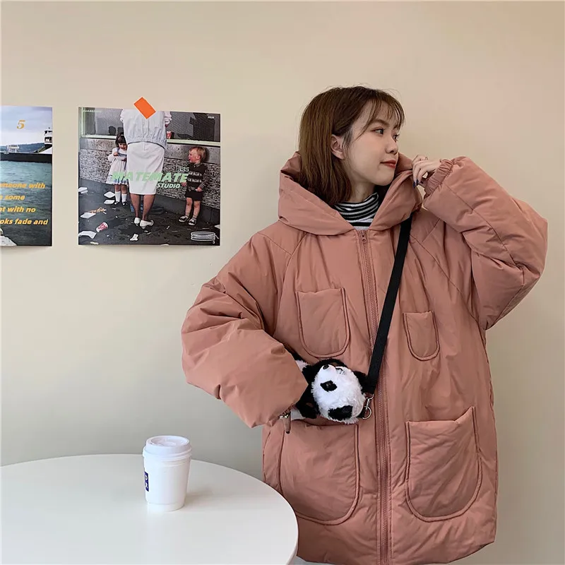 Women Thick Quilted Jackets Winter Warm Hooded Loose Cotton Coats Autumn Female Solid Color Casual Outwear Overcoat with Pockets