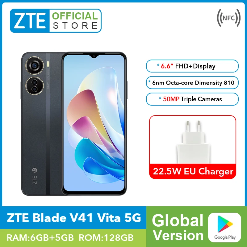 World Premiere Global Version ZTE Blade V41 Vita 5G Smartphone 6GB 128GB NFC Dimensity 810 50MP Triple Cameras 22.5W 4500mAh