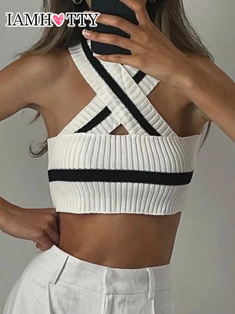 

IAMHOTTY Striped Criss-cross Halter Knitted Top Women Strapless Sexy Corset Party Clubwear Retro Camis Elegant Chic Vest Ladies