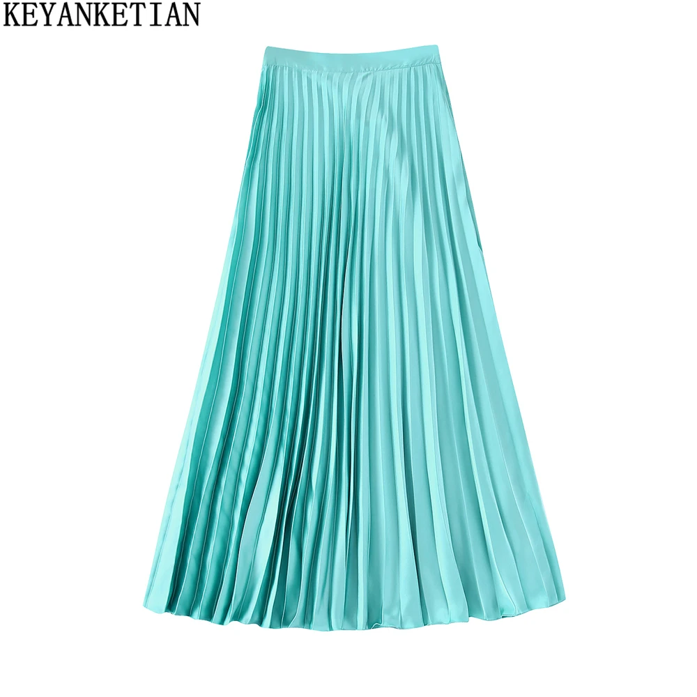 

KEYANEKTIAN women's silk satin texture pleated skirt skirt spring and autumn retro style zipper high waist lake green midi skirt