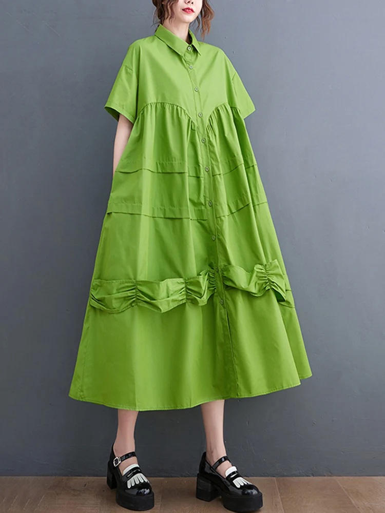 

Женское винтажное платье-рубашка составного кроя, зеленое свободное повседневное длинное платье с коротким рукавом, Модная элегантная одежда на лето, 2022