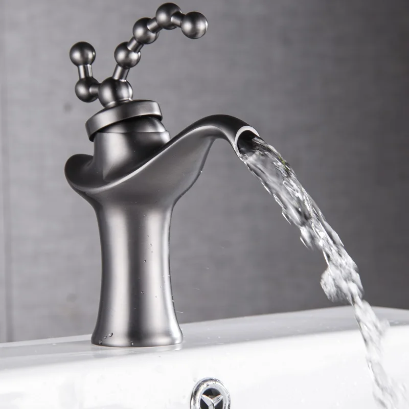 

Gun Grey Basin Faucet Deck Mounted Single Lever Bathroom Crane Waterfall Brass Bathroom Tap Hot Cold Water Mixer Taps