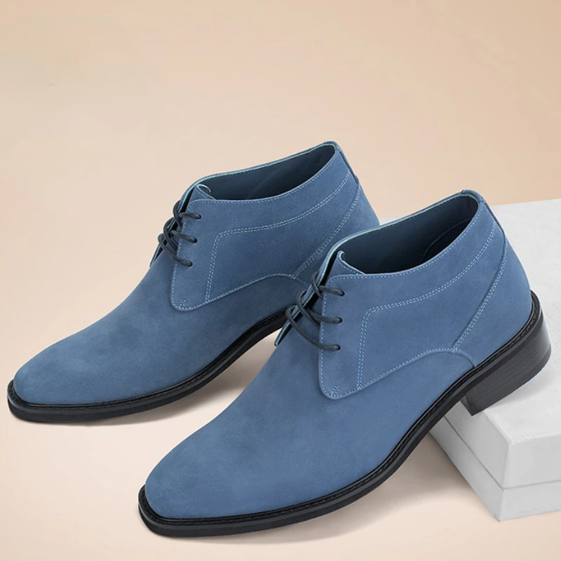 Мужские туфли с невидимой внутренней частью дизайнерская матовая синяя кожаная