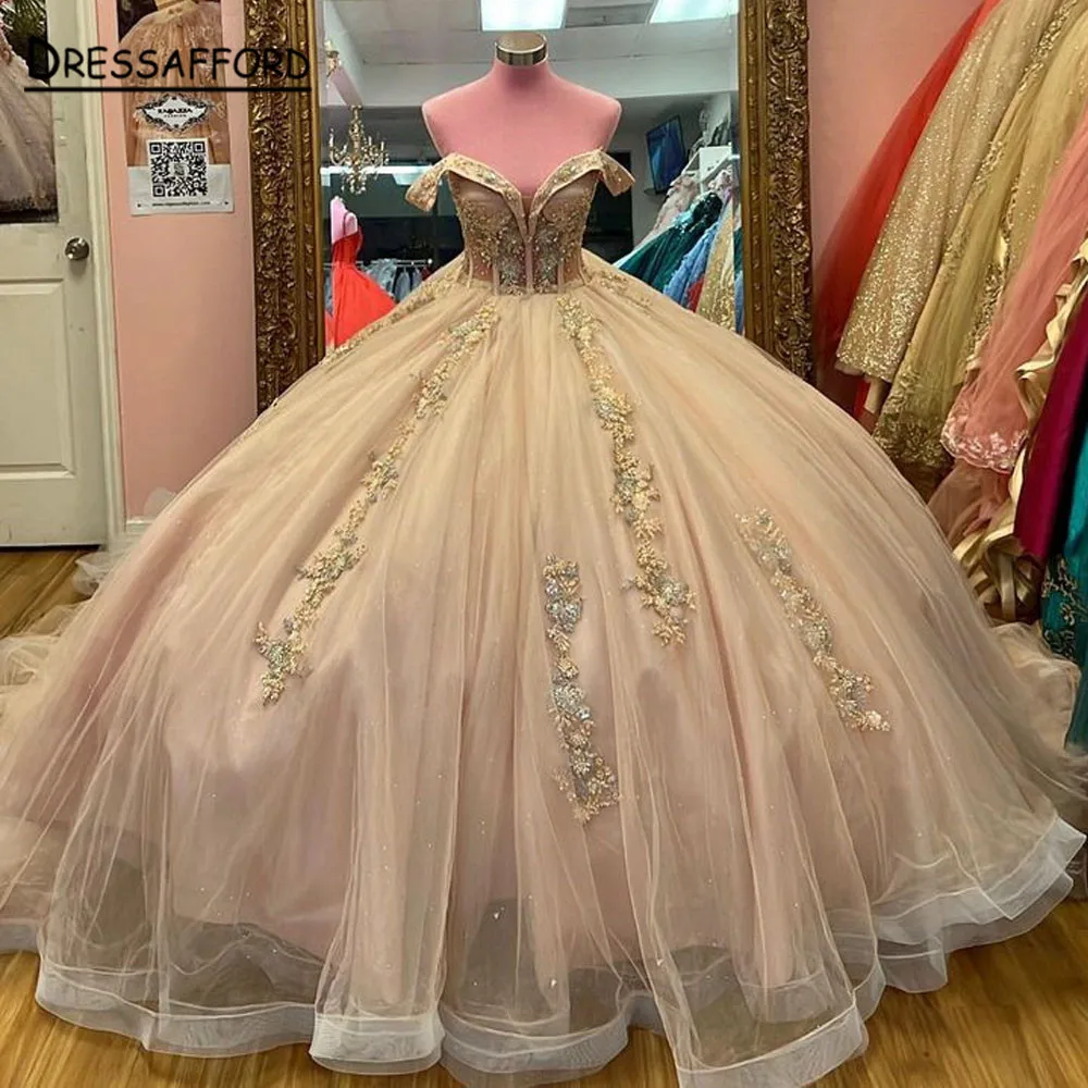 

Pink Quinceanera Dresses Off The Shoulder Glitter Tulle Appliques Ball Gown Pageant Bitthday Party Gowns Sweet Robes De Bal