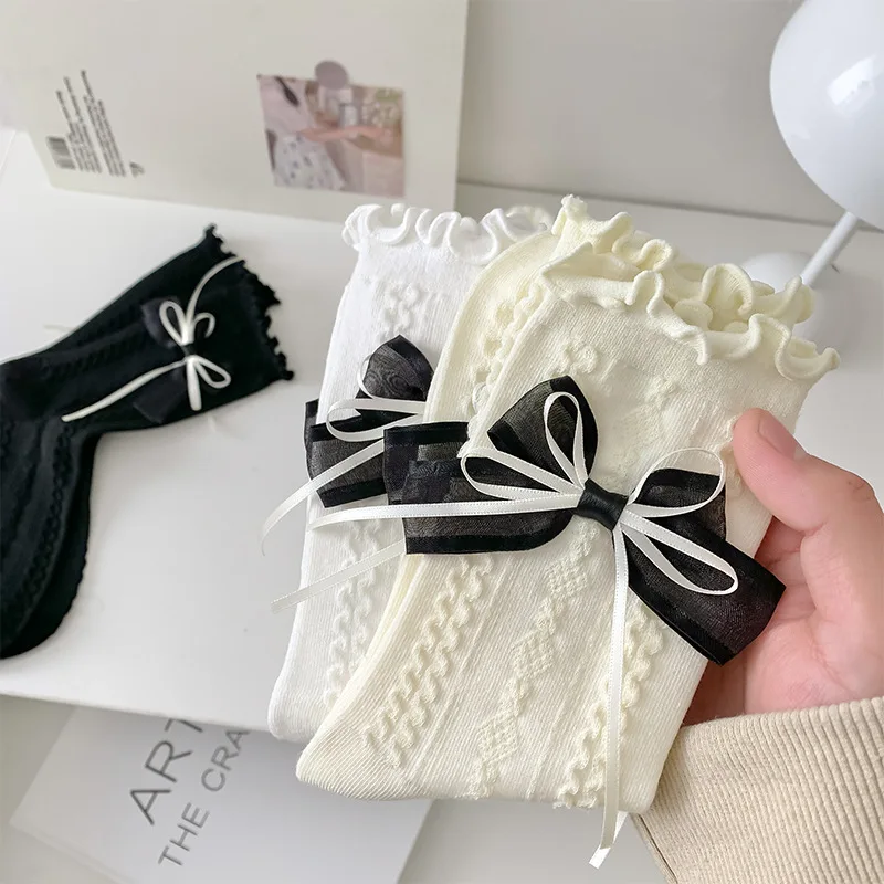 Lolita Bow knot Socks Women JK White Cotton Socks Female Sweet Long Socks Ankle Calcetines mujer Medias