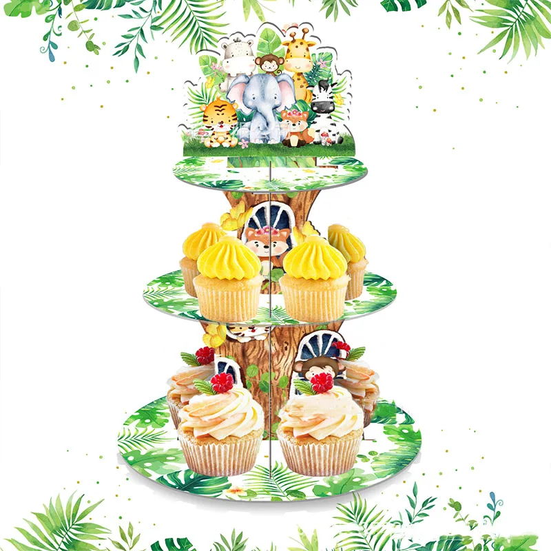 

3-Tiers Jungle Animal Stand Cupcake Tower Rack Cake Stands Macaron Display Tray For Kids Safari Animal Birthday Cake Decorating