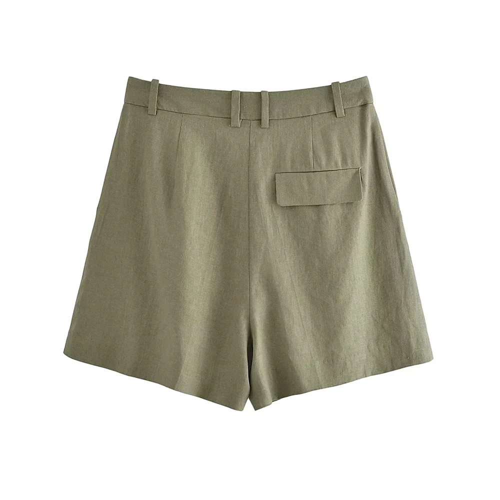 TRAF Women Fashion Side Pockets Front Darts Linen Shorts Vintage High Waist Zipper Fly Female Casual Clothes Short Pants Mujer