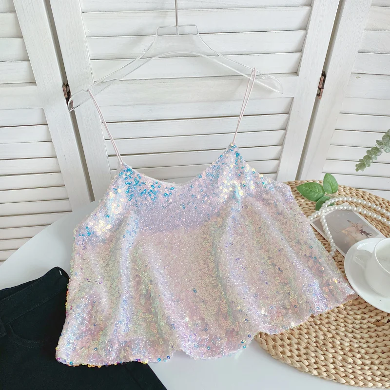 

Sexy Sequin Design Camisole Tank Top Women 2023 Summer New Fashion Short Beach Crop Top for Women Clothes