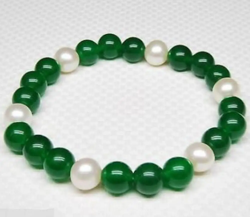

Noble white 8-9MM pearl with green Jade 8MM bracelet 7.5inch